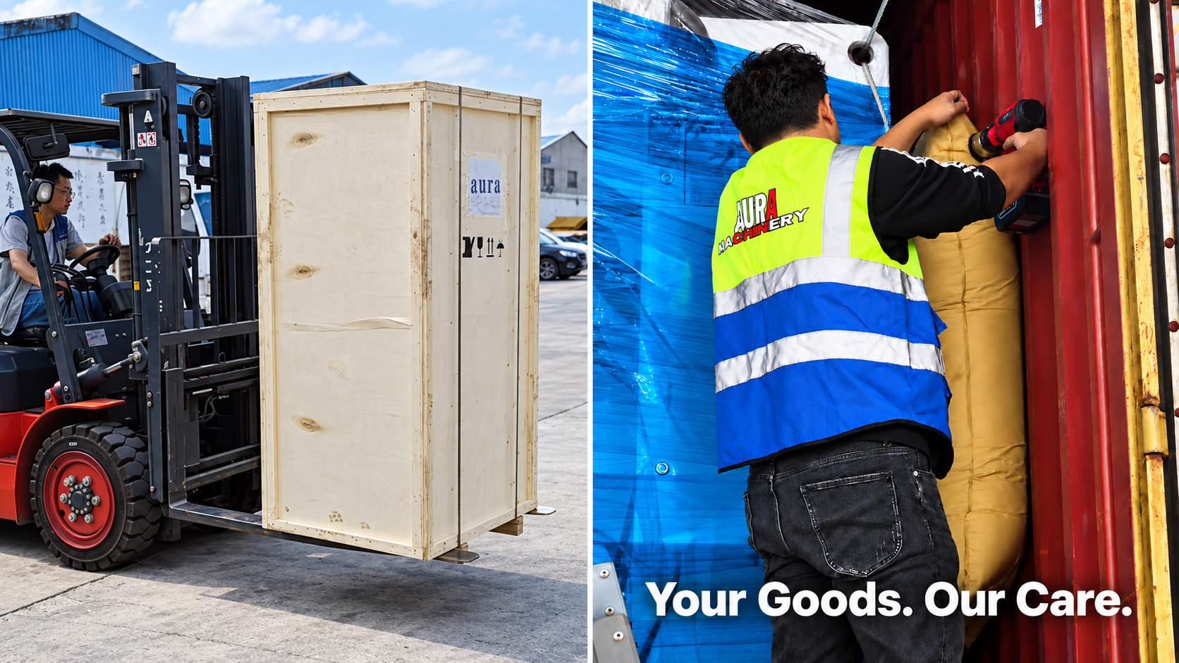 Aura machinery crate moved by forklift and carefully secured inside a shipping container